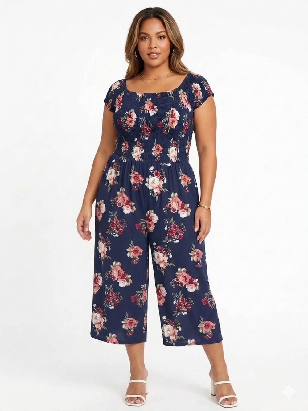 J for Justify Navy Floral Smocked Cap-Sleeve Jumpsuit